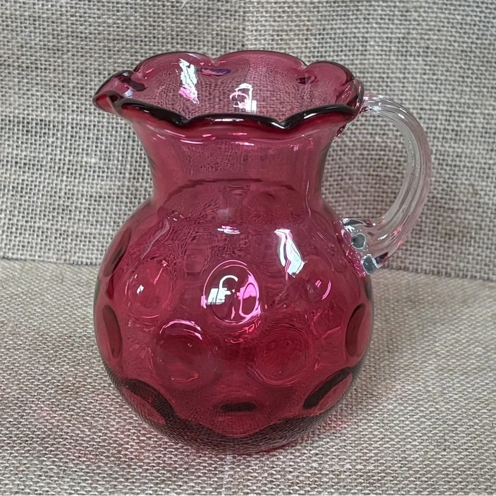 Vintage Cranberry Glass Coin Dot Creamer Clear Applied Handle Scalloped Rim
